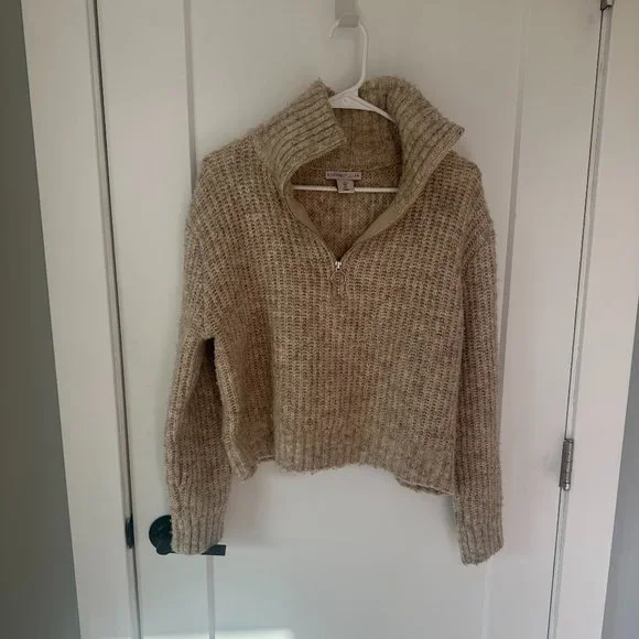 Sincerely Jules Beige Cropped Zip Mock Neck Wool Blend Ribbed Knit Sweater Large - Picture 1 of 4